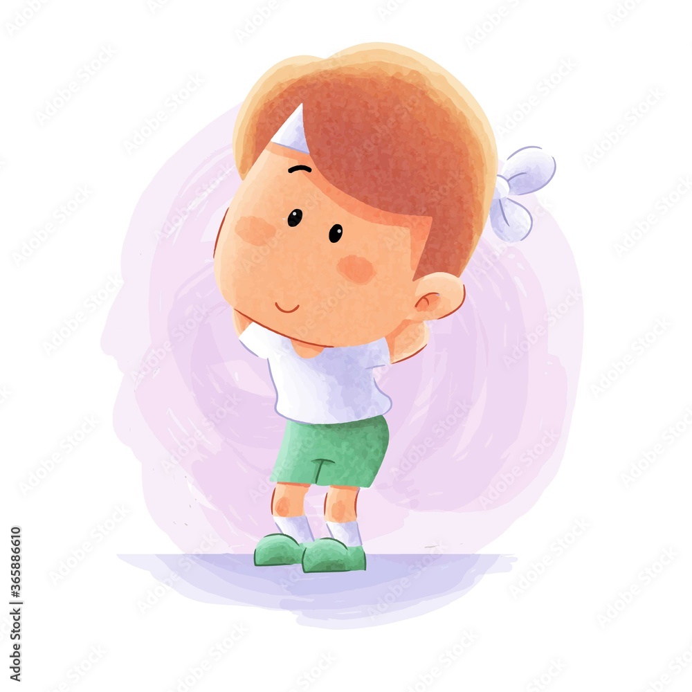 Cute People Young Man Kids doing Sport Gym Fitness Yoga Activity With stretching Watercolor. Suitable For Children Kids Book, Mascot, Character, Cards, Sticker, T-Shirt Design. Cartoon Illustration Cute People Young Man Kids doing Sport Gym Fitness Yoga Activity With stretching Watercolor. Suitable For Children Kids Book, Mascot, Character, Cards, Sticker, T-Shirt Design. Cartoon Illustration