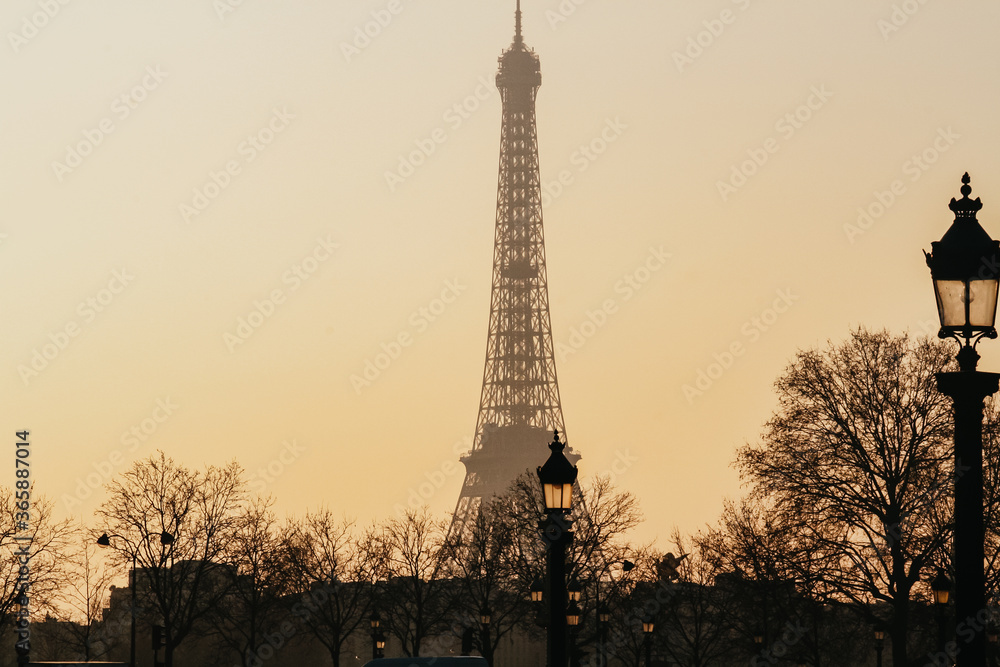 Beautiful Eiffel tower through buildings and trees view during a winter sunset in Paris