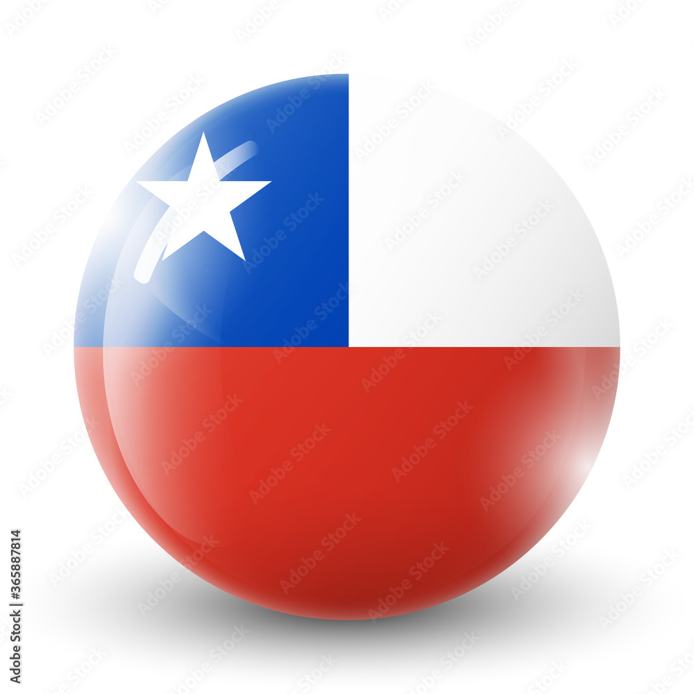 Glass light ball with flag of Chile. Round sphere, template icon. Chilean national symbol. Glossy realistic ball, 3D abstract vector illustration highlighted on a white background. Big bubble. Glass light ball with flag of Chile. Round sphere, template icon. Chilean national symbol. Glossy realistic ball, 3D abstract vector illustration highlighted on a white background. Big bubble.