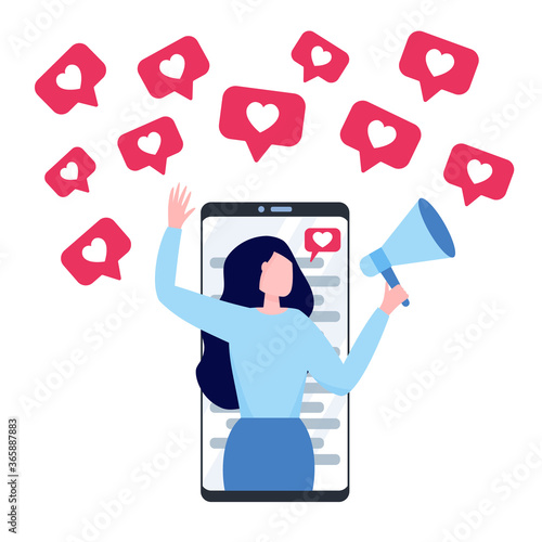 Woman with megaphone on a screen of smartphone. Blogger surrounded with social media likes icons. Concept of influencer marketing, social media promotion services, SMM. Flat vector illustration.