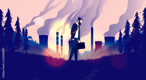 Feels like the end of the world - Business man walking, hanging his head with polluting industry destroying environment in background. Pollution, no future, and climate concept. Vector illustration.