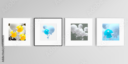 Realistic vector set of square picture frames isolated on gray background. Abstract composition with 3d balls or spheres.