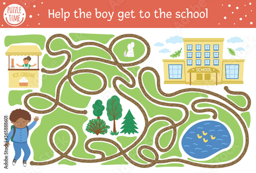 Back to school maze for children. Preschool printable educational activity. Funny puzzle with cute schoolboy, road map, park. Help the boy get to the school. Autumn game for kids with pupil. .