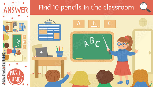 Vector back to school searching game with children and teacher in the classroom. Find hidden pencils in the class room. Simple fun educational autumn printable activity for kids.
