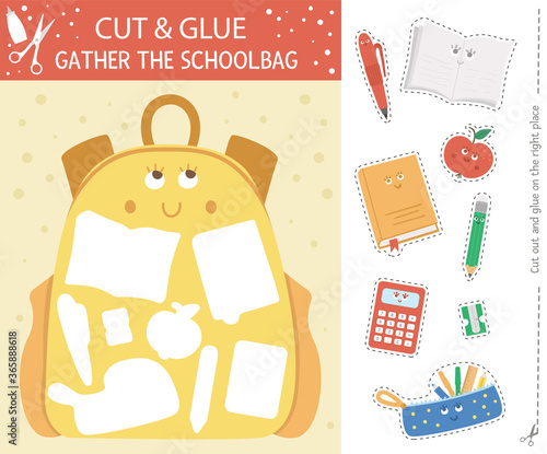 Vector back to school cut and glue activity. Autumn educational crafting game with cute kawaii schoolbag. Fun activity for kids. What goes to backpack printable worksheet.