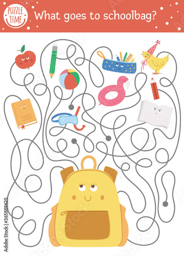 Back to school maze for children. Preschool printable educational activity. Funny puzzle with cute school bag and things. What goes to schoolbag? Autumn game for kids with pupil. .