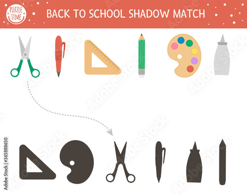 Back to school shadow matching activity for children. School puzzle with cute stationery. Simple educational game for kids. Find the correct silhouette printable worksheet. .
