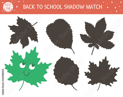 Back to school shadow matching activity for children. School puzzle with cute kawaii leaf. Simple educational game for kids with tree element. Find the correct silhouette printable worksheet. .