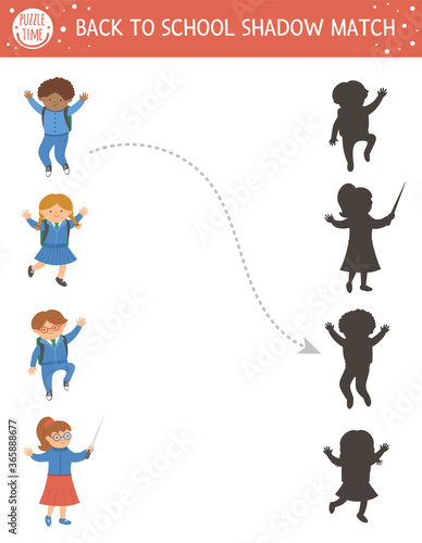 Back to school shadow matching activity for children. School puzzle with cute schoolchildren. Simple educational game for kids. Find correct silhouette printable worksheet with pupils and teacher .