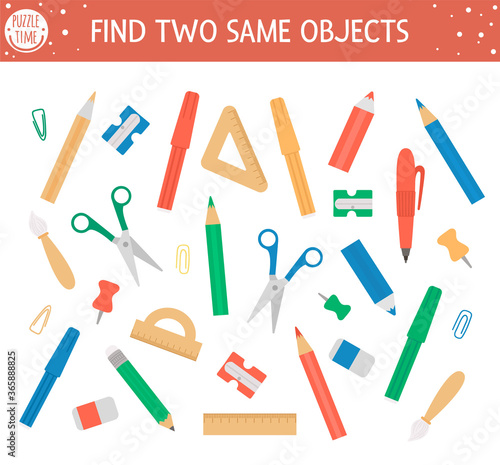 Find two same school objects. Back to school matching activity for children. Funny educational activity for kids with stationery. Autumn logical quiz worksheet. Simple printable game for kids.