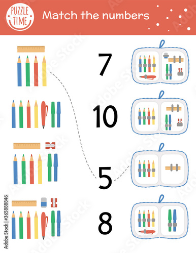 Matching game with stationery and pencil case. Back to school math activity for preschool children. Autumn counting worksheet. Educational printable with cute funny elements for kids.