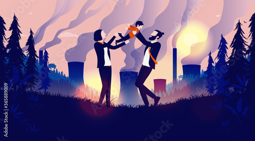Family in pollution and toxic environment - Man and woman bringing up kid in a world with no hope, staying positive and playing. Climate change, danger and future generation concept. Vector.