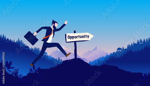 Business and career opportunity. Businessman running up hill with signpost pointing at new opportunities. Landscape with forest and mountains in background. Business, and financial concept. Vector.