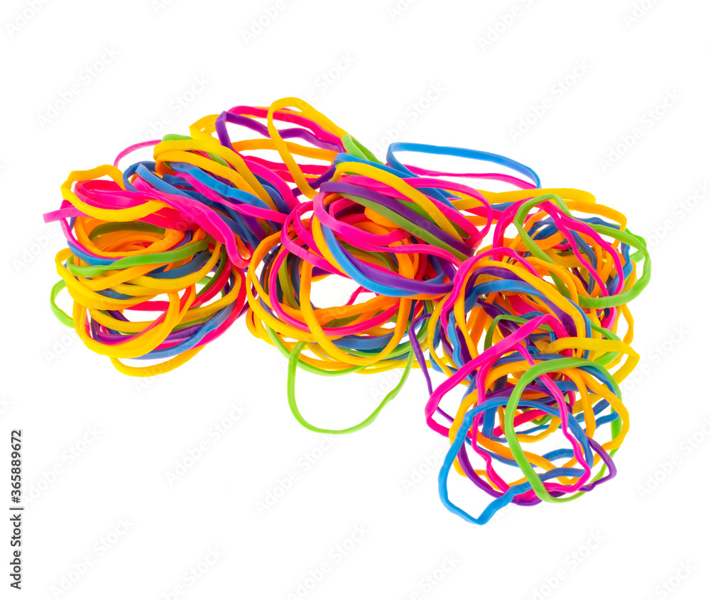 pile of colorful rubber bands isolated on white.
