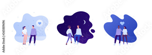Love relationship and romantic date concept. Vector flat person illustration set. Multiethnic characters. Couple of man and woman sitting. Heart symbol. Design for banner, valentine day card.