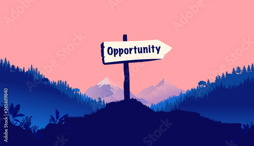 Opportunity sign pointing to the right. Showing direction for business and career opportunities ahead. Beautiful landscape in background. Vector illustration.