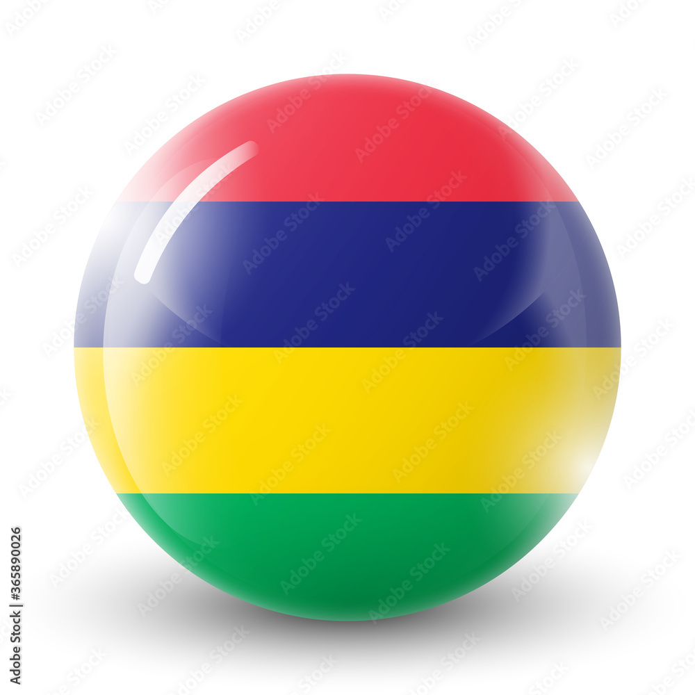 Glass light ball with flag of Mauritius. Round sphere, template icon. Mauritian national symbol. Glossy realistic ball, 3D abstract vector illustration highlighted on a white background. Big bubble. Glass light ball with flag of Mauritius. Round sphere, template icon. Mauritian national symbol. Glossy realistic ball, 3D abstract vector illustration highlighted on a white background. Big bubble.