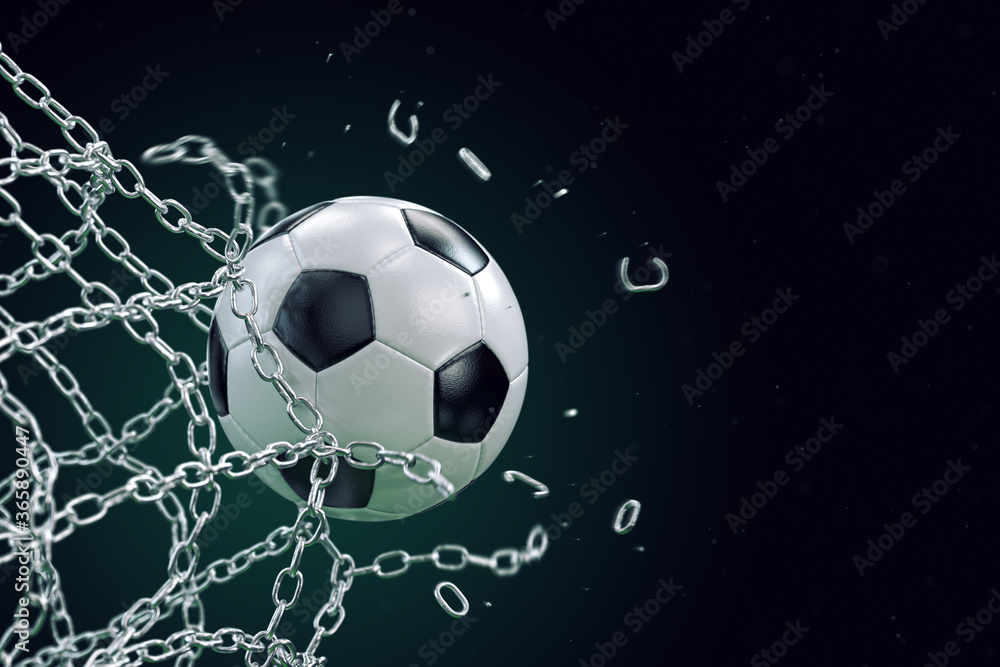 Soccer ball breaking metal net. Concept of football goal, with ball breaking the metal chain net