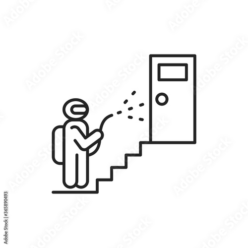 Residential building porch disinfection black line icon. Worker in protective suit with disinfector sprayer. Cleaning service. Pictogram for web, mobile app, promo. UI UX design element
