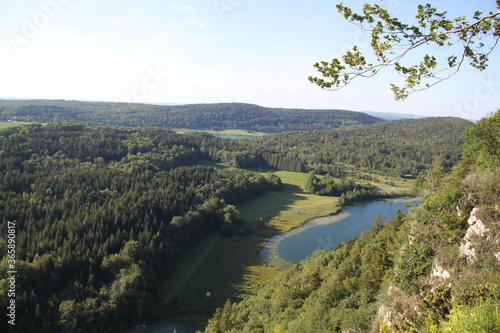 Turquoise lake and forest top view 