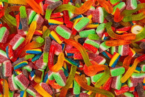 Assorted gummy candies. Top view. Jelly sweets background.