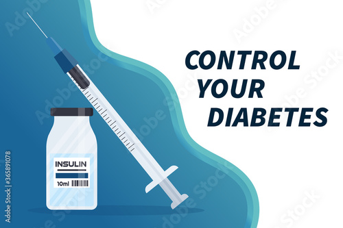 Diabetes flat vector elements insulin bottle and syringe in cartoon style. Diabetes equipment banner. Concept of healthcare, prevention, treatment and awareness