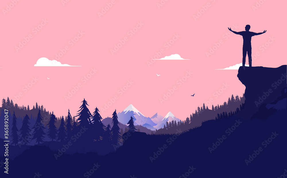 The feeling of freedom - Person standing on hilltop over valley with hands out taking in the view and feeling totally free. Personal achievement and success concept. Vector illustration.