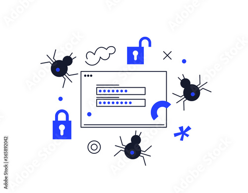 Hackers break into information, steal personal data and passwords. Identity theft, cybercrime, and Internet crime concepts. Flat Isometric Vector Illustration.