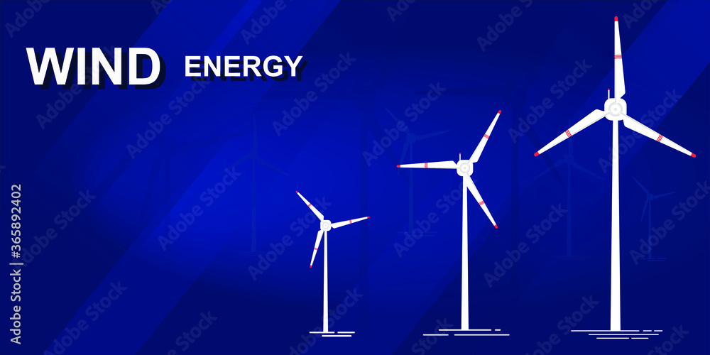 Wind turbines on a blue abstract background. Web banner with place for text. Vector illustration Wind turbines on a blue abstract background. Web banner with place for text. Vector illustration