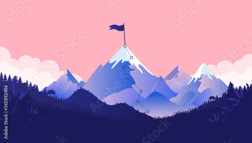 Mountaintop goal - Path to mountain summit with snow and flag on top. Coral coloured background, forest and clouds. Business goals, achievement and challenge concept. Vector illustration.