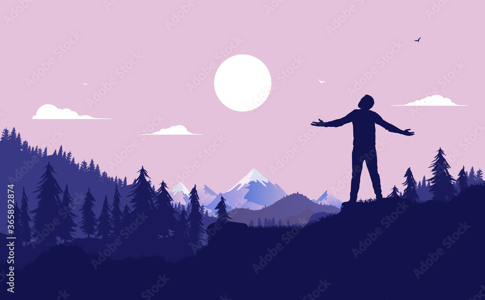 Feeling free. Silhouette of man with open arms standing in nature landscape with forest, sun and mountains in background. Personal freedom concept. Vector illustration.