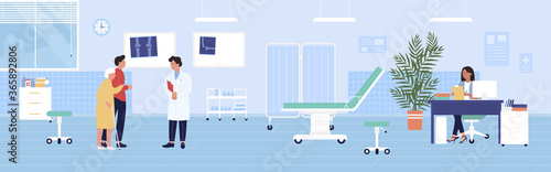 Traumatology checkup vector illustration. Cartoon old woman patient and man characters visit doctor traumatologist in medical clinic or hospital for trauma examination. Medicine healthcare background