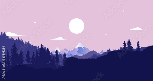 Vector landscape scene with grass and hills, forest, trees, mountains and sun in sky. Tranquil, nature and outdoors concept. Illustration.