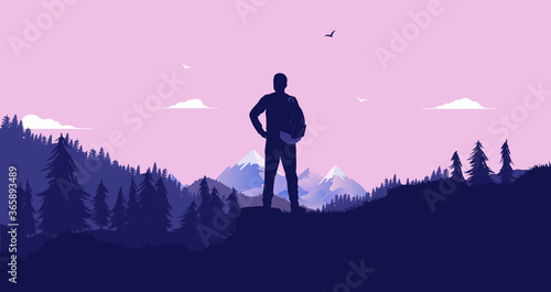 Man standing in landscape. Person with backpack watching view of nature with forest and mountains. Hiker, personal journey and traveling alone concept. Vector illustration.