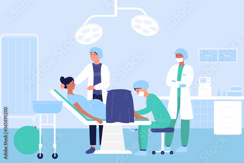 Childbirth in hospital flat vector illustration. Cartoon doctor characters examining pregnant woman patient in medical clinic perinatal centre before baby birth. Maternity hospital ward background
