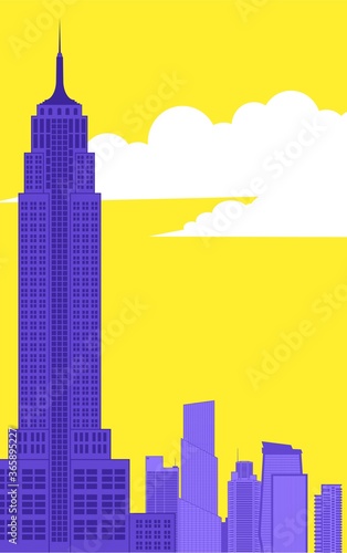 A huge skyscraper tower against the backdrop of a bright yellow sky and city.