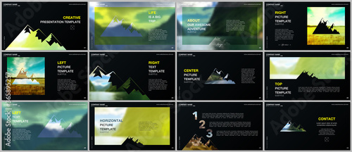 Presentations design, vector templates. Background for tourist camp, nature tourism, camping. Aadventure design concept. Multipurpose template for presentation slide, flyer leaflet, brochure cover.
