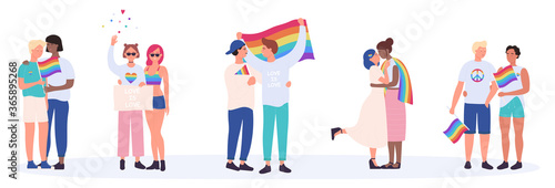 LGBT couple people vector illustration. Cartoon flat happy interracial LGBTQ community, young homosexual lover characters standing together and hugging, holding rainbow love flag set isolated on white