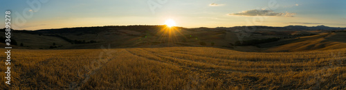 Panoramic sunrise of rolling hills over Pienza during a summer sunrise. Val d'Orcia, Tuscany, Italy