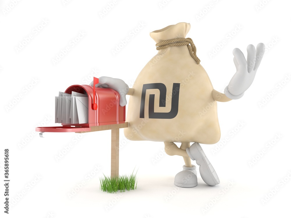Fototapeta premium Shekel money bag character with mailbox