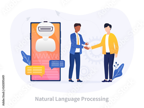 Natural Language Processing concept whereby AI gives computers the ability to read, understand and derive meaning from human languages as two men shake hands near a mobile device, vector illustration