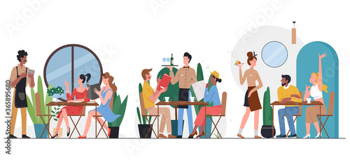 People in cafe flat vector illustration. Cartoon friend or couple characters sitting at tables, dining and talking, ordering dinner food from waiter in restaurant cafeteria interior isolated on white