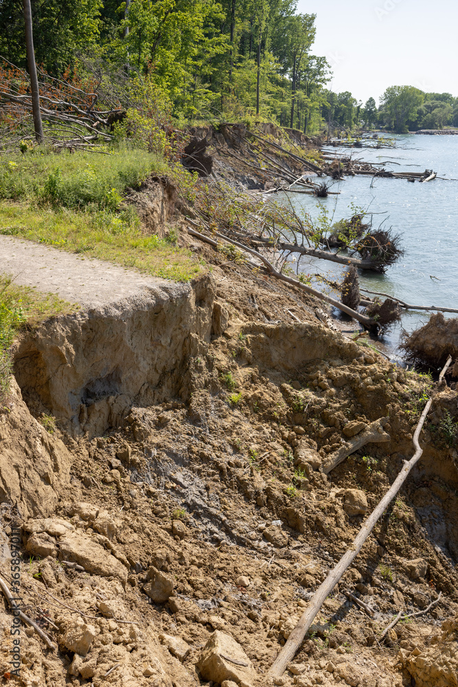 Trail Erosion by Lake. Lake Erosion, Trees fallen in Lake, Climate change, extreme weather, lake mudslide Trail Erosion by Lake. Lake Erosion, Trees fallen in Lake, Climate change, extreme weather, lake mudslide