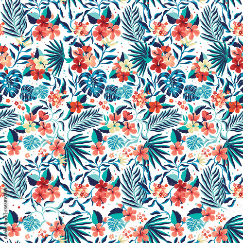 Seamless Tropical Pattern with hibiscus. 