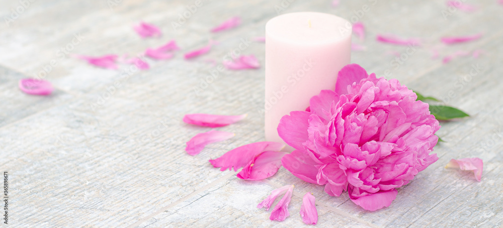 Beautiful pink peony flowers and white candle on light grey stone background with copy space for your text top view. Greeting card, SPA and romantic concept. Beautiful pink peony flowers and white candle on light grey stone background with copy space for your text top view. Greeting card, SPA and romantic concept.