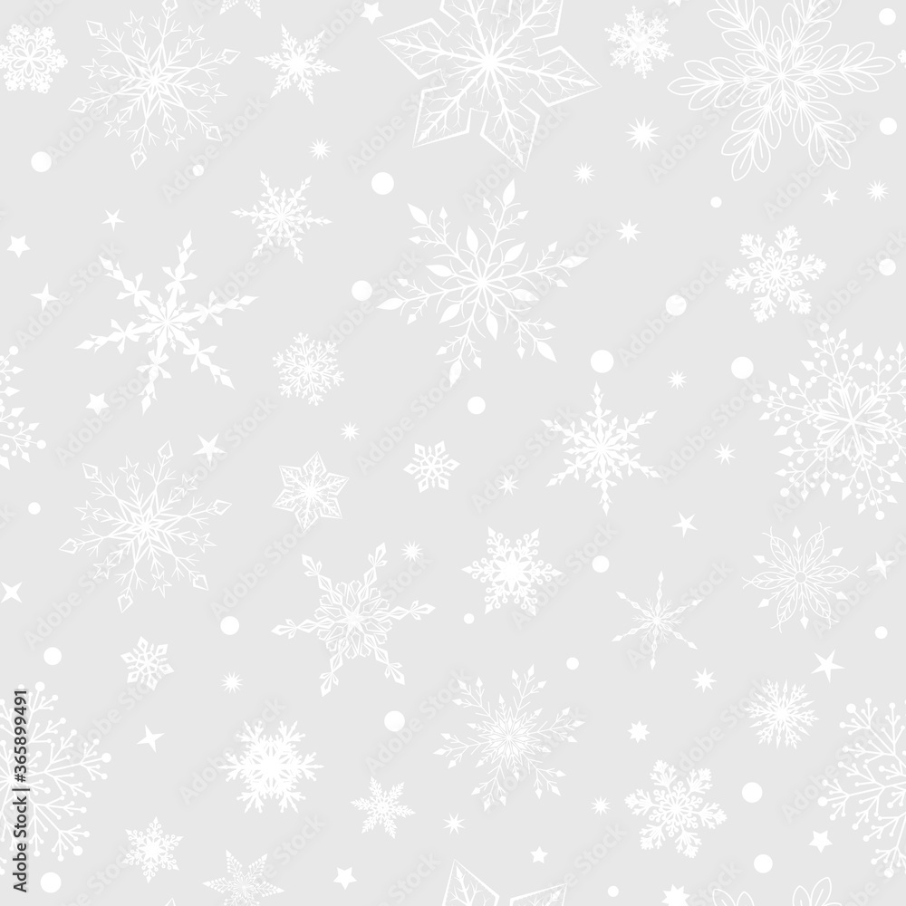 Christmas seamless pattern with various complex big and small snowflakes, white on gray background