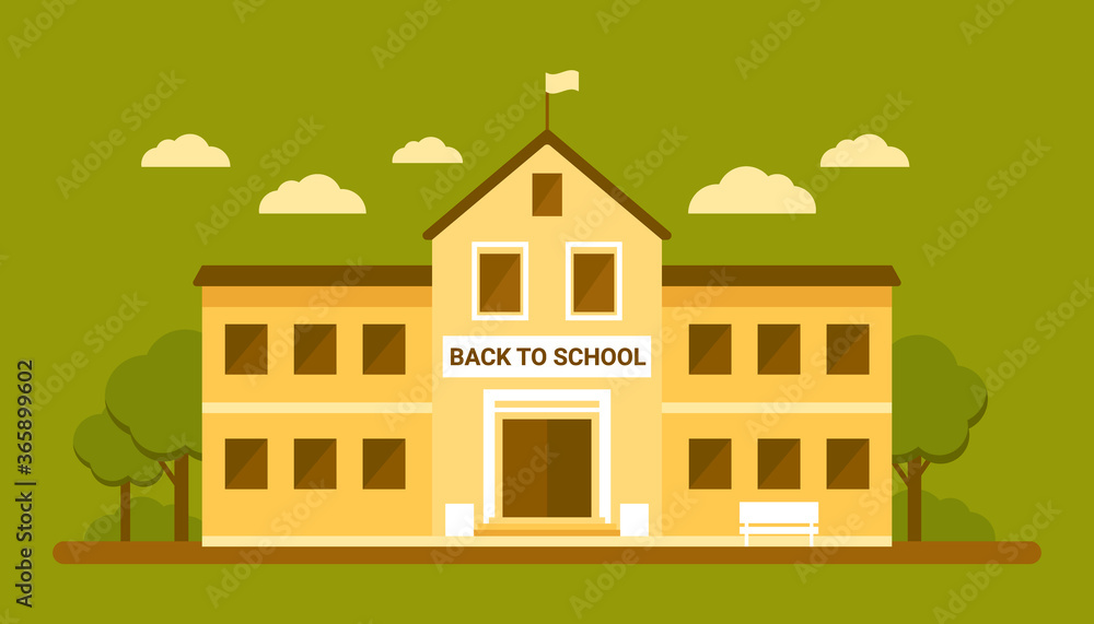 School facade building, yellow house. Back to school, education concept. College, university, academy. Vector flat illustration