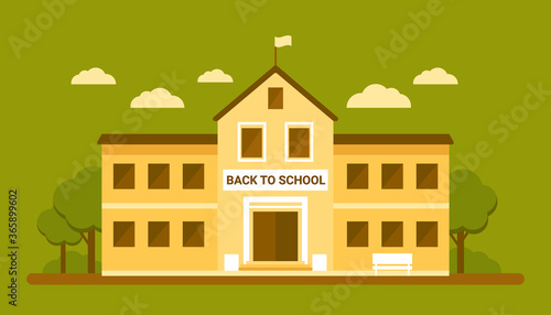 School facade building, yellow house. Back to school, education concept. College, university, academy. Vector flat illustration