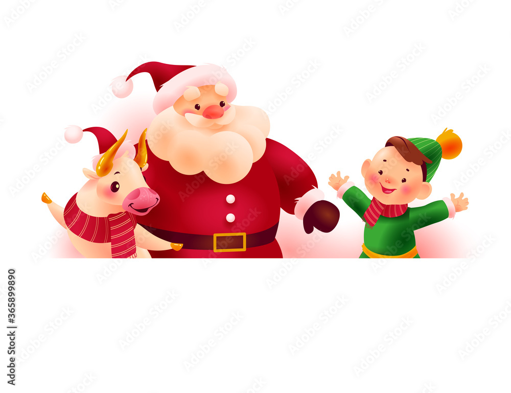 Happy Christmas Santa Claus, bull and little boy characters behind white banner / signboard with space for holiday congratulation isolated on white background. Vector flat illustration.