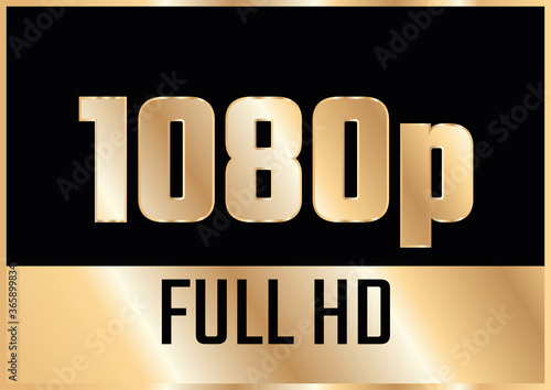Gold 1080p Full HD label isolated on white background.